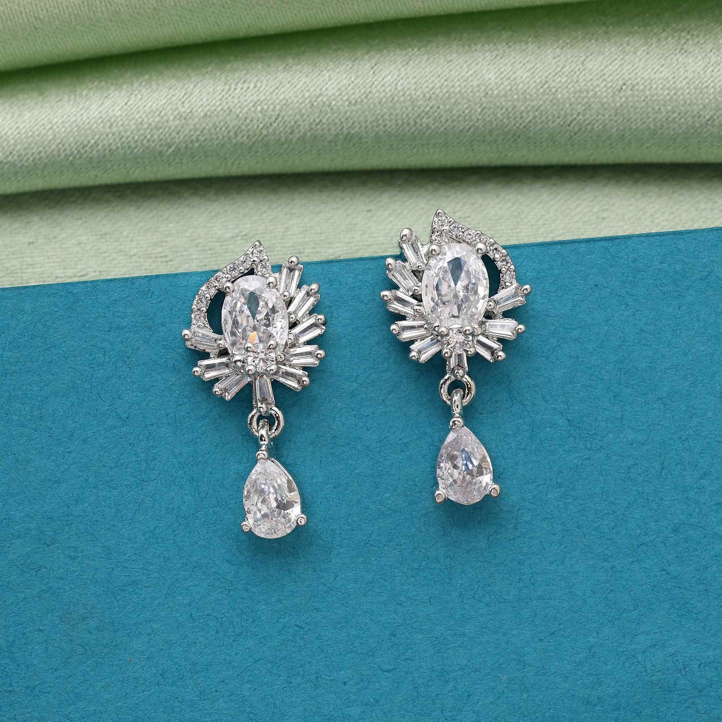 Silver Color Elegant Sparkling American Diamond Earrings For Women And Party Wear