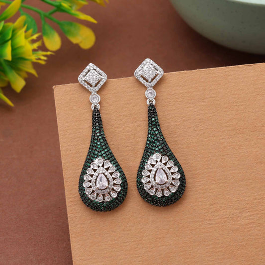 Green Color Sparkling Traditional American Diamond Earrings For Bridal And Ethnic Wear