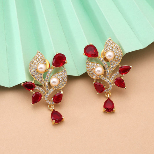 Red Color Bright Stone American Diamond Earrings For Brides And Traditional Occasions