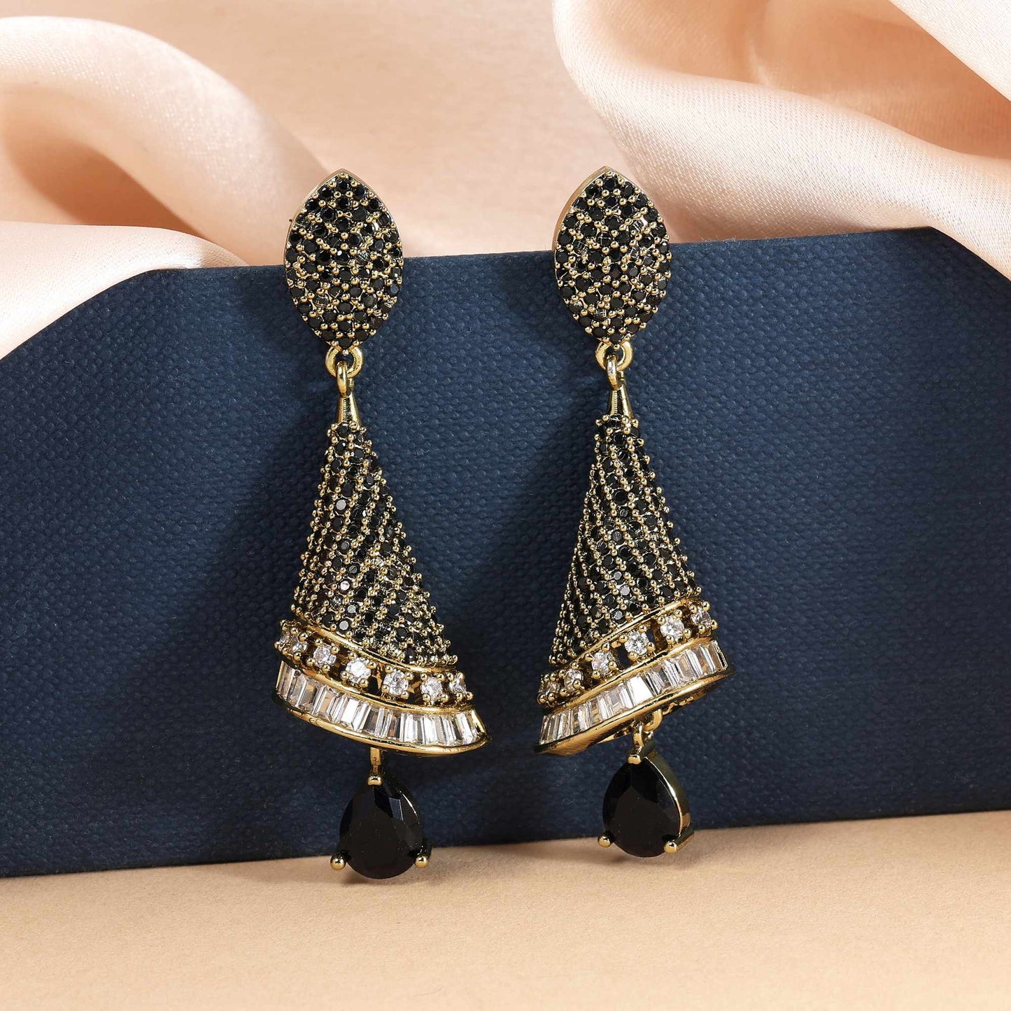 Black Color Trendy Sparkle American Diamond Earrings For Festive And Evening Events