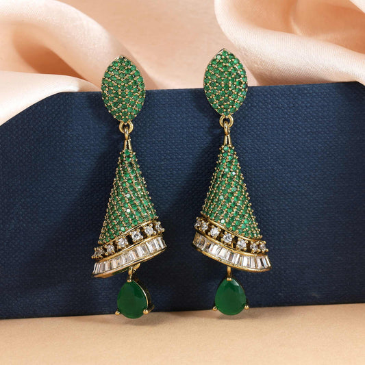 Green Color Unique Leaf Design American Diamond Earrings For Wedding And Party Looks