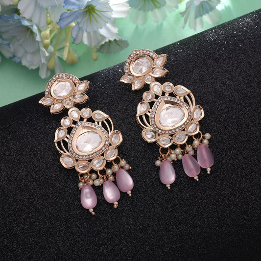 Polki Kundan & American Diamond Light Pink Color Drop Earrings with Stylish Sparkling Designer Appeal
