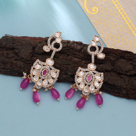 Polki Kundan & American Diamond Pink Color Drop Earrings Crafted with Beautiful Premium Crystal Design