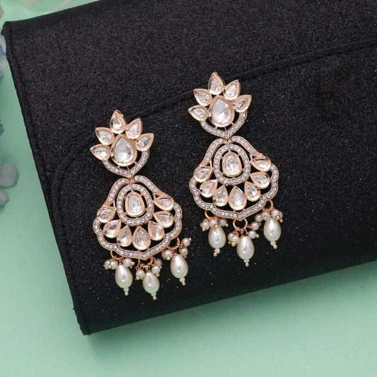 Polki Kundan & American Diamond White Color Drop Earrings Crafted with Premium Elegant Crystal Finish