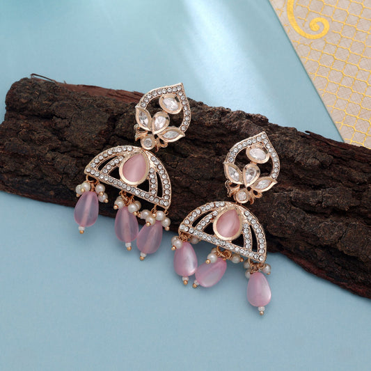 Polki Kundan & American Diamond Light Pink Color Drop Earrings Featuring Premium Stylish Crystal Finish