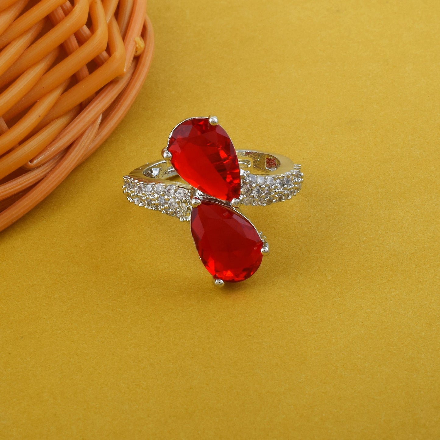 Bold Red Color American Diamond Ring With Sophisticated Sparkling Accent