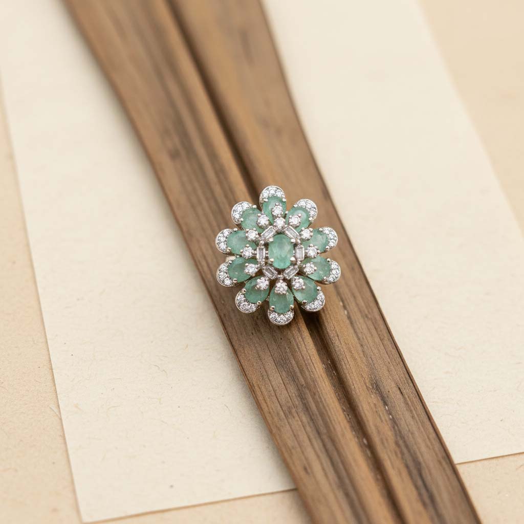 Beautiful Pista Green Color American Diamond Ring Perfect For Adding Subtle Graceful Elegance