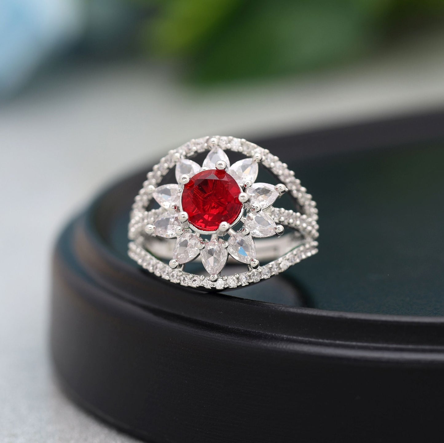 Red Color American Diamond Ring Offering Vibrant Charm For Festive And Party Fashion