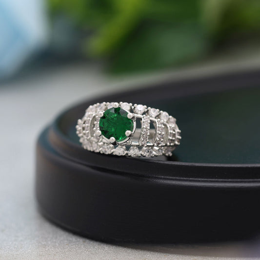 Green Color American Diamond Ring Showcasing Refreshing Tones With Dazzling Stonework