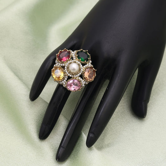Multi Color American Diamond Ring Perfect For Festive And Statement Styling