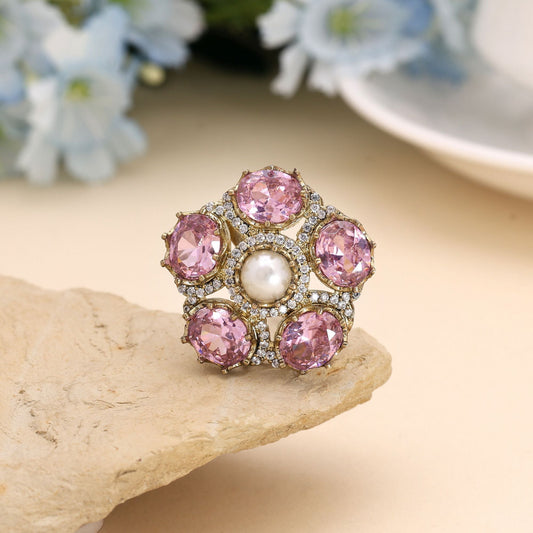 Pink Color American Diamond Ring Designed With Feminine Elegance And Charm