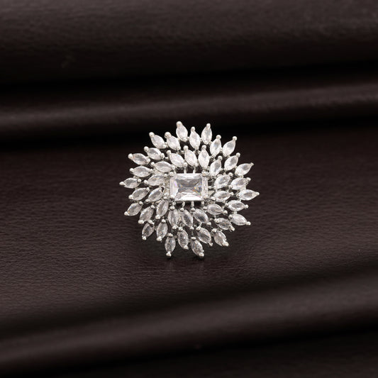 Sleek Metallic Silver Color American Diamond Solitaire Ring For Everyday Fashion