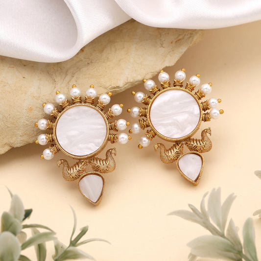 Classic White Color Amrapali Earrings With Stone Studded Traditional Craftwork