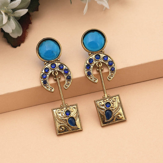 Elegant Blue Color Monalisa Stone Earrings For Party And Festive Occasions