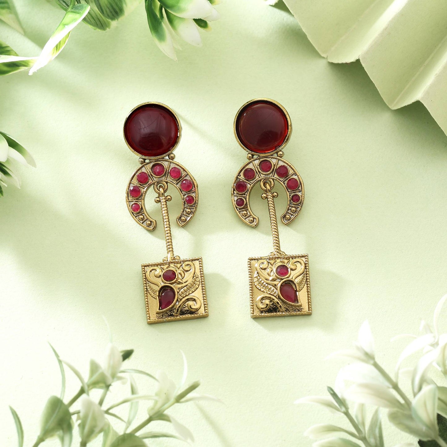 Royal Maroon Color Monalisa Stone Earrings With Sparkling Designer Finish