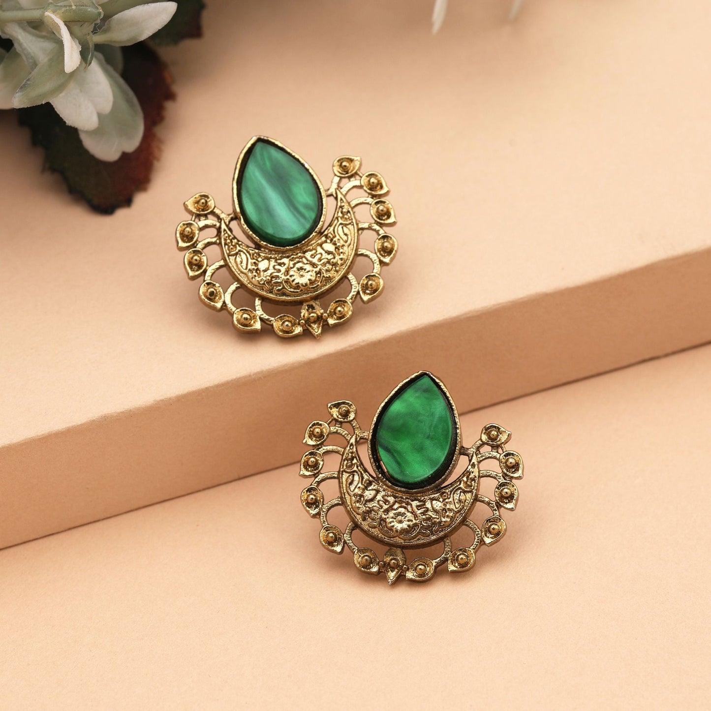 Graceful Green Color Monalisa Stone Earrings With Meenakari Inspired Detailing