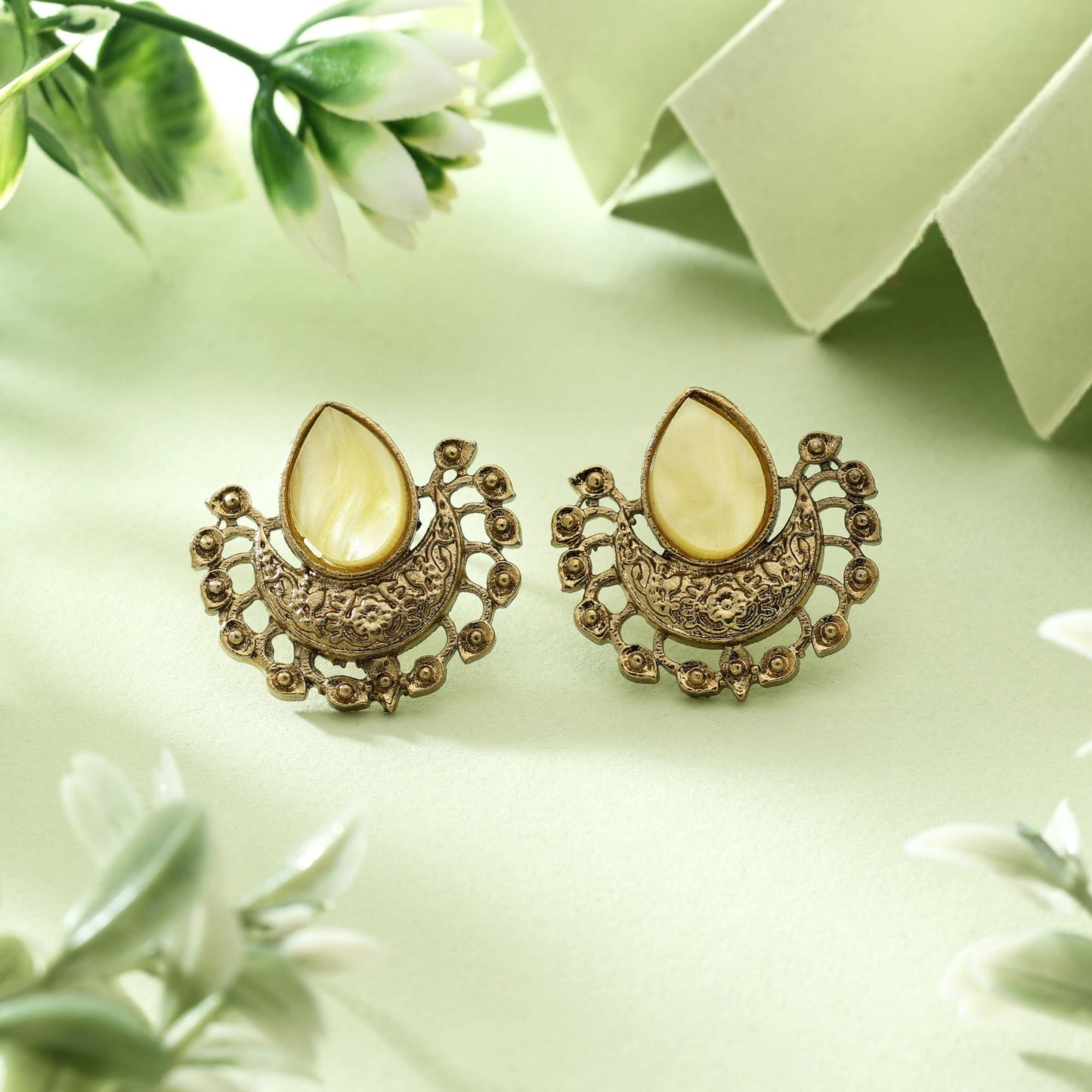 Lovely Light Yellow Color Monalisa Stone Earrings For Elegant Festive Wear