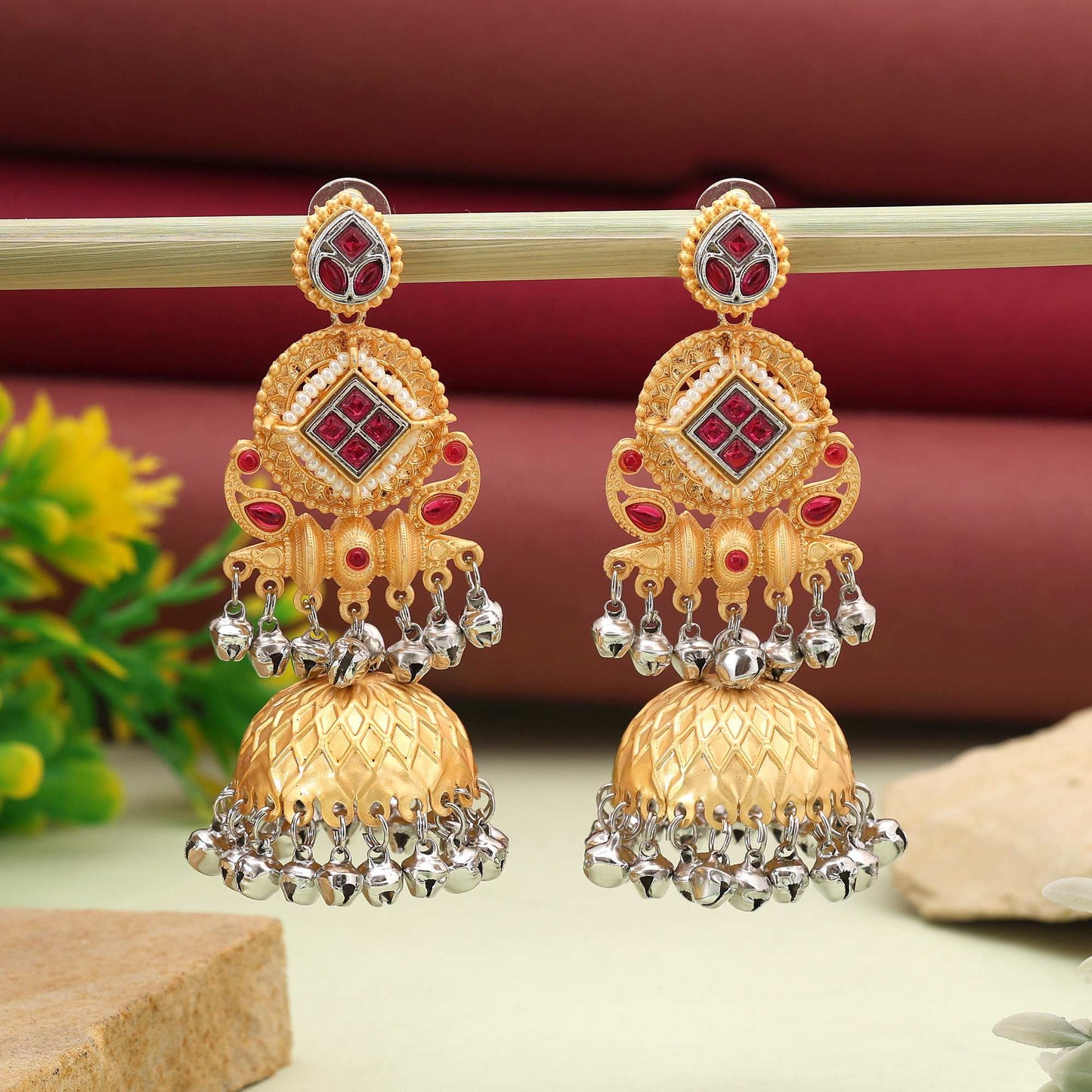 Rani Color Beautiful Traditional Bridal Amrapali Earrings For Elegant Dressing