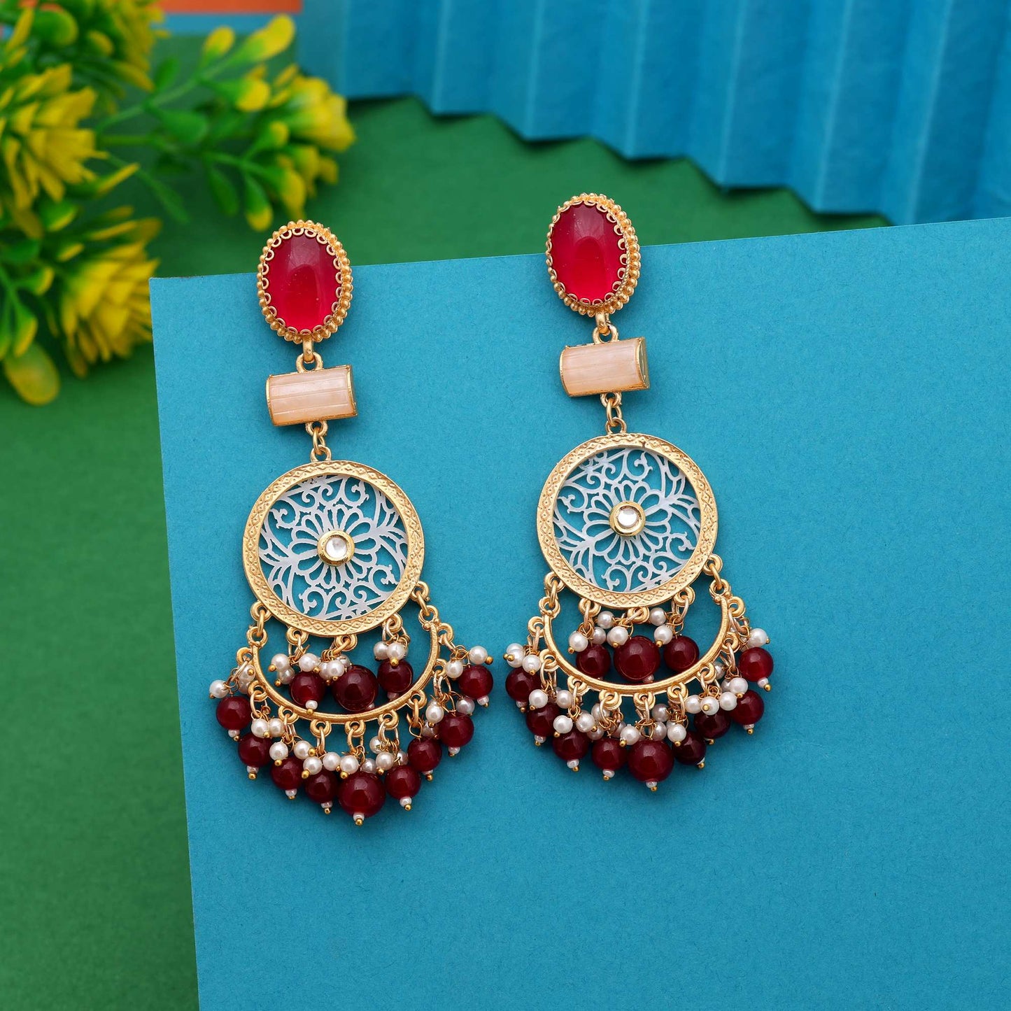 Maroon Color Traditional Bridal Look Amrapali Earrings For Wedding Occasions