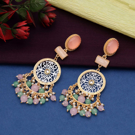 Pink & Pista Green Color Multitone Amrapali Earrings For Elegant Ethnic Outfits