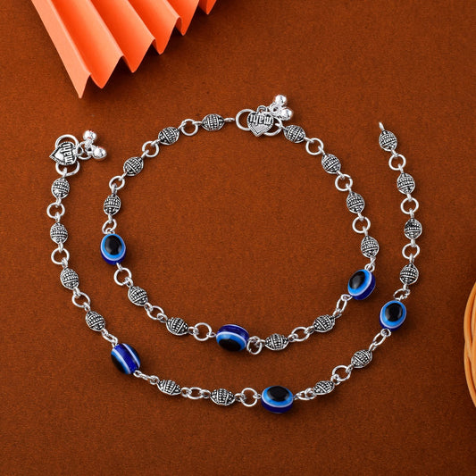 Gorgeous Blue Color Evil Eye Oxidised Anklet Designed With Artistic Detailing For Brides And Festivals