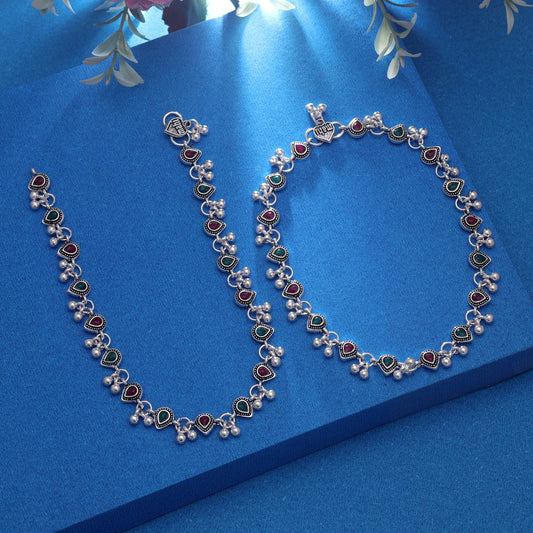 Maroon & Green Color Oxidised Anklet With Beautiful Ethnic Detailing