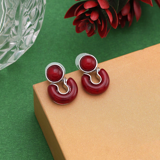 Attractive Maroon Color Anti Tarnish Earrings With Sparkling Stones For Ethnic Outfits