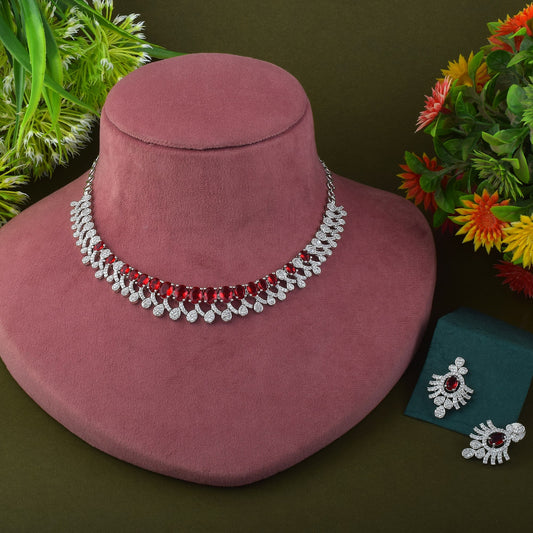 Red Color American Diamond Necklace Set With Gold-Toned Leaf Accents