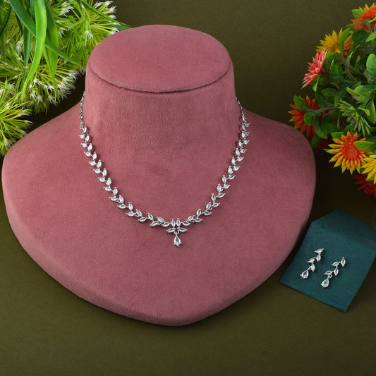 Silver Color American Diamond Necklace Set Featuring Crystal Droplet Design