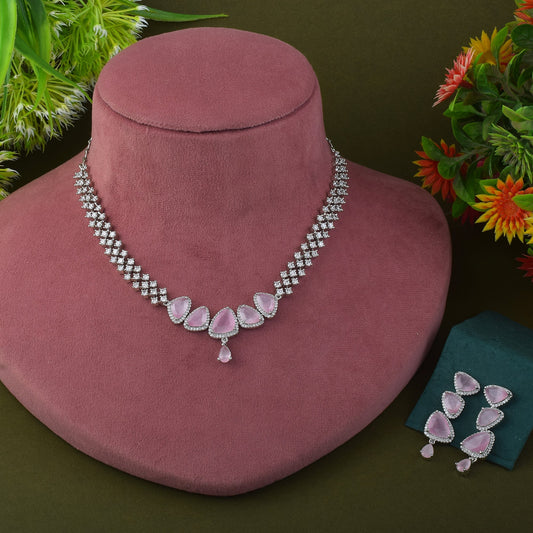 Pink Color American Diamond Necklace Set Designed For Bridal Occasions