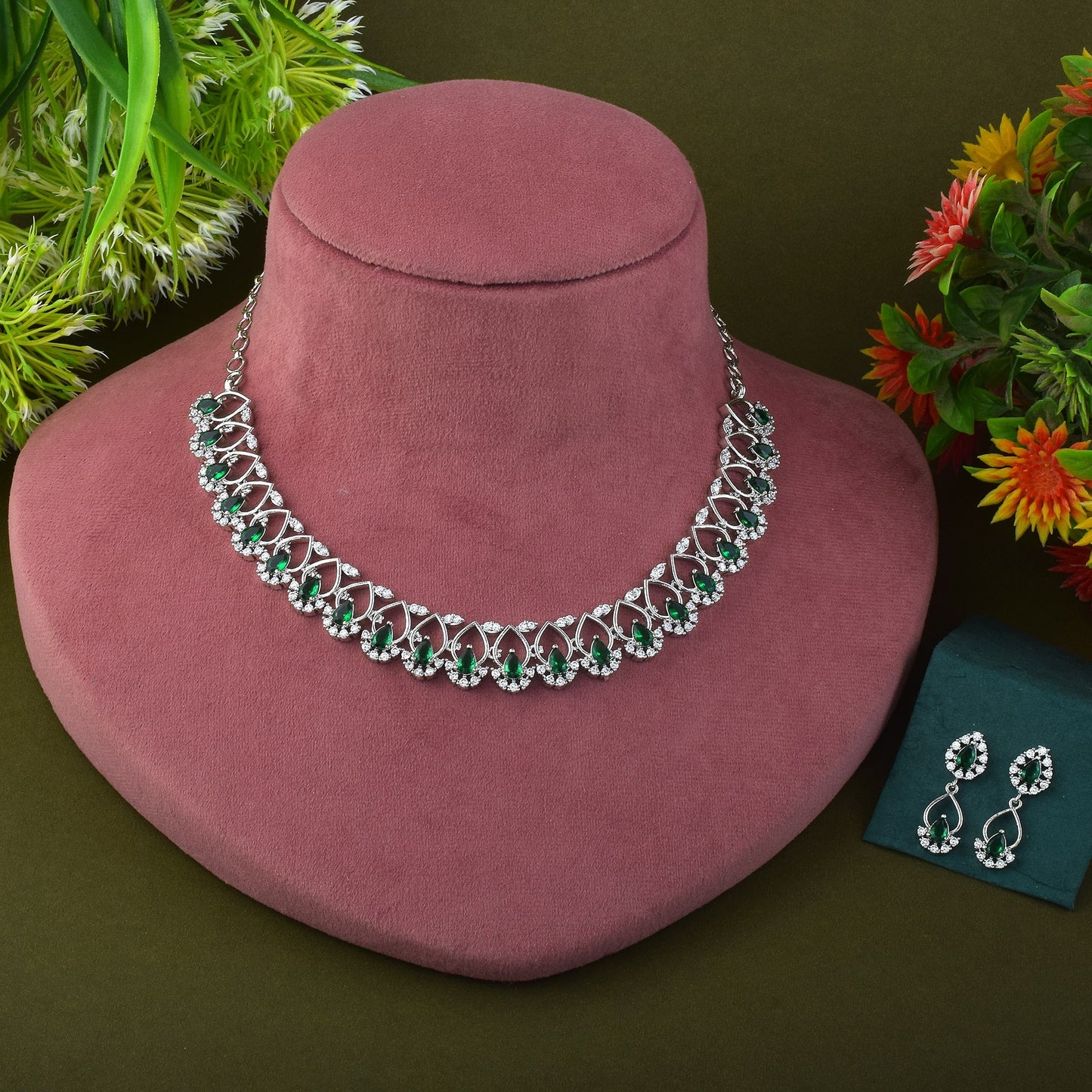 Green Color American Diamond Necklace Set With Multi-Stone Decorative Look