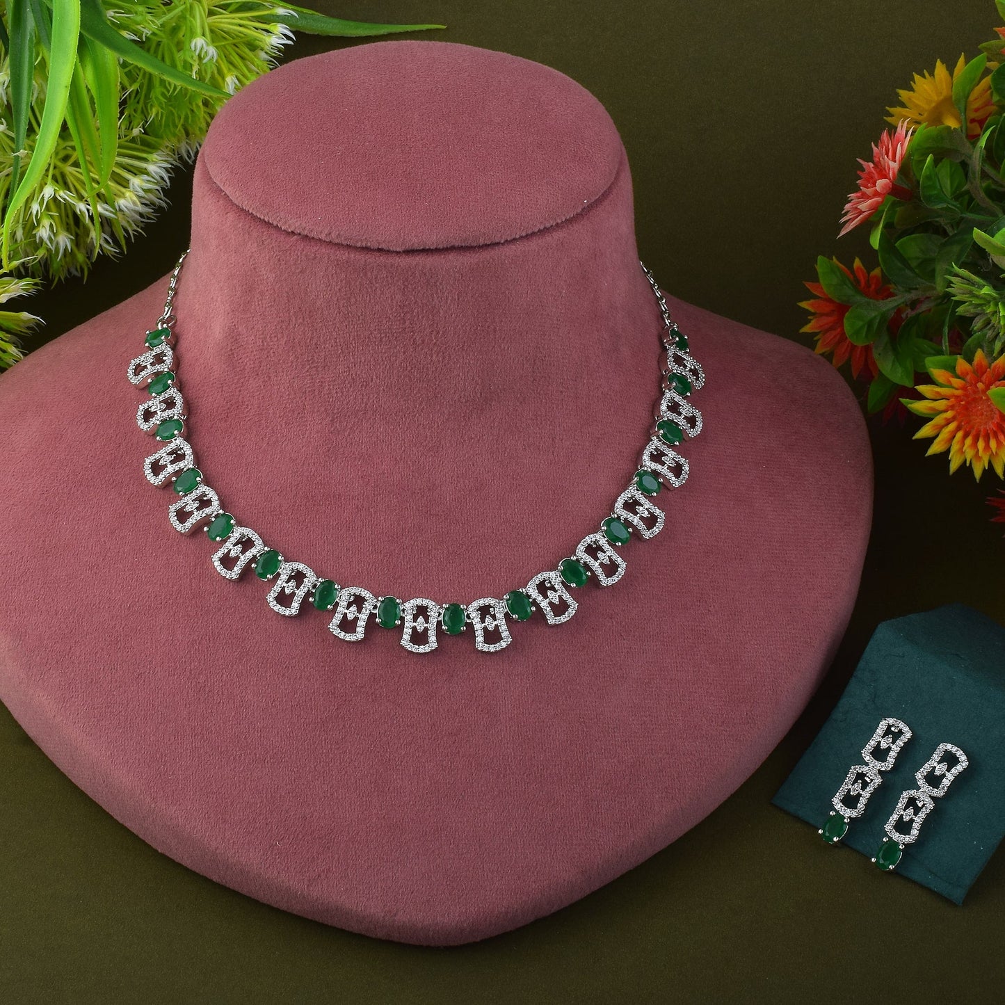 Green Color American Diamond Necklace Set Adorned With Classic Stone Design