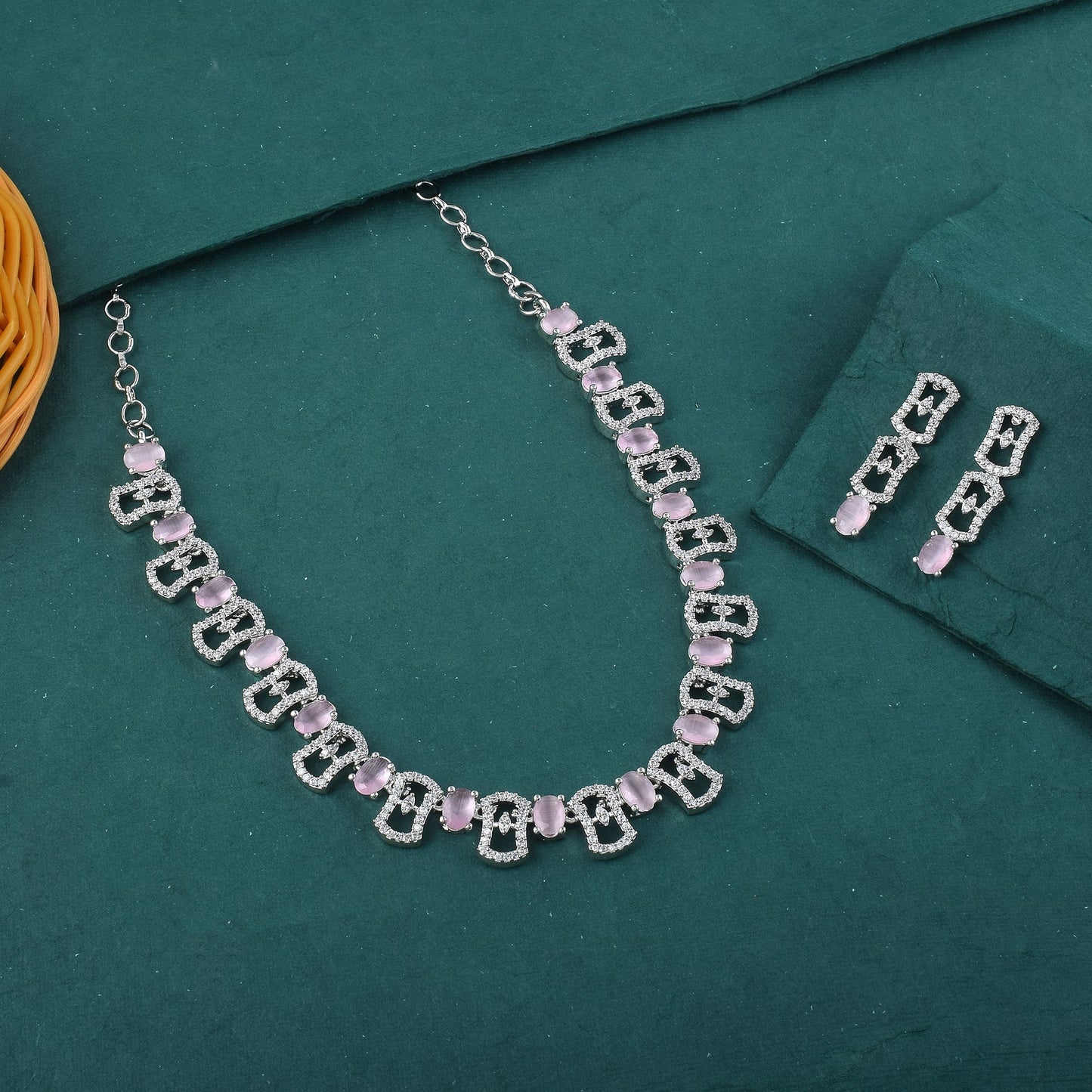 Pink Color American Diamond Necklace Set With Leaf And Gemstone Charms