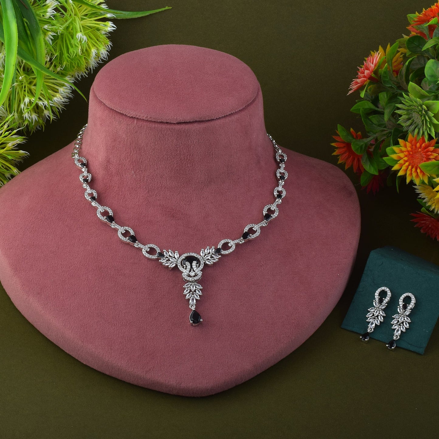 Black Color American Diamond Necklace Set With Contrast Sparkling Finish