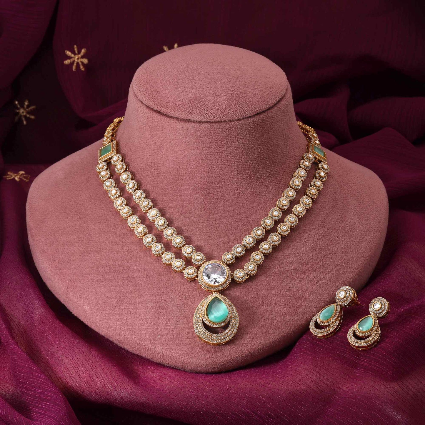 Pista Green Color Elegant Bridal American Diamond Necklace Set For Wedding Wear
