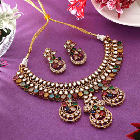 Multi Color Stone Work American Diamond Necklace Set For Stylish Festive Outfits