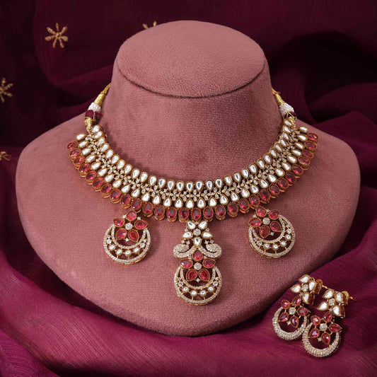 Rani Color Royal Designer American Diamond Necklace Set For Traditional Occasions