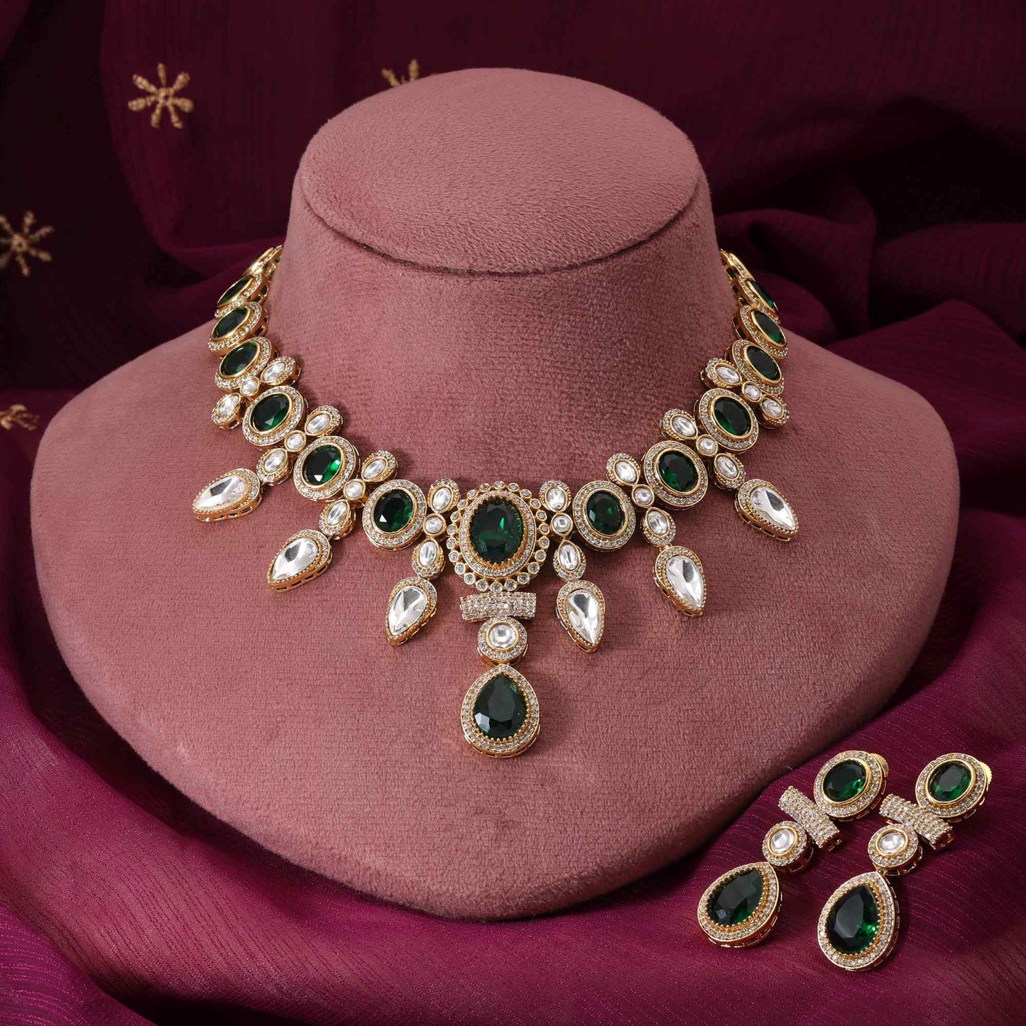 Green Color Gorgeous Antique Finish American Diamond Necklace Set For Party Wear