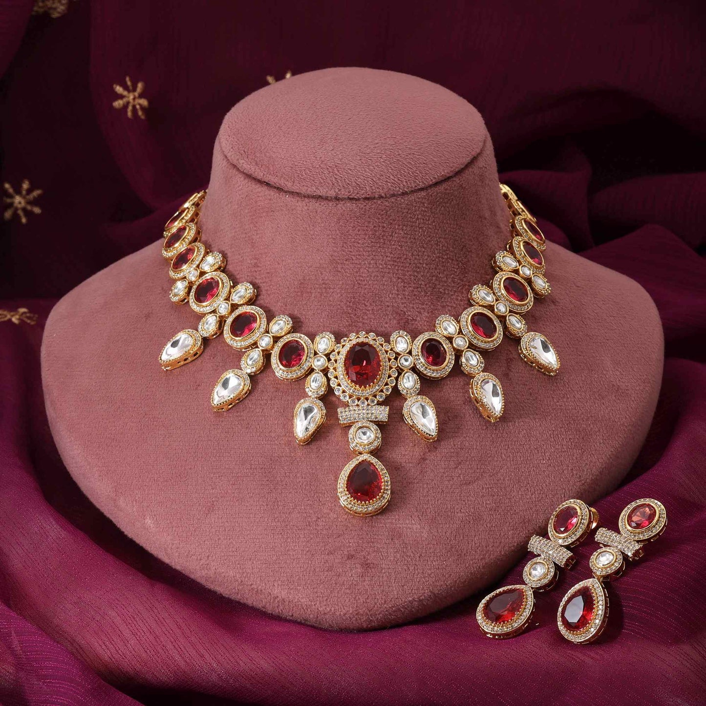 Rani Color Stunning Handcrafted American Diamond Necklace Set For Traditional Brides