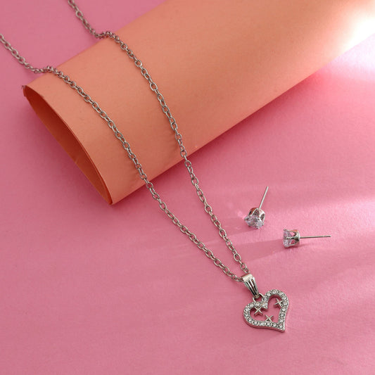 Silver Color Heart Shape Anti Tarnish Necklace Set Romantic Stylish Gift Jewelry