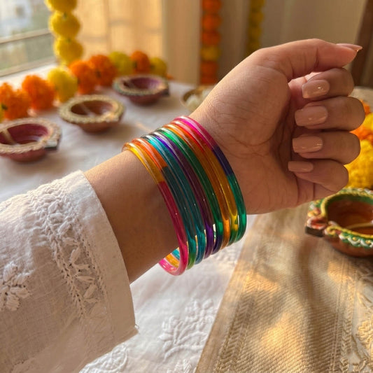 Assorted Color 8 Set Of Glass Bangle 32 Pieces Churi Mix Size (2.2, 2.4, 2.6, 2.8, 2.10) (FNFB212CMB)