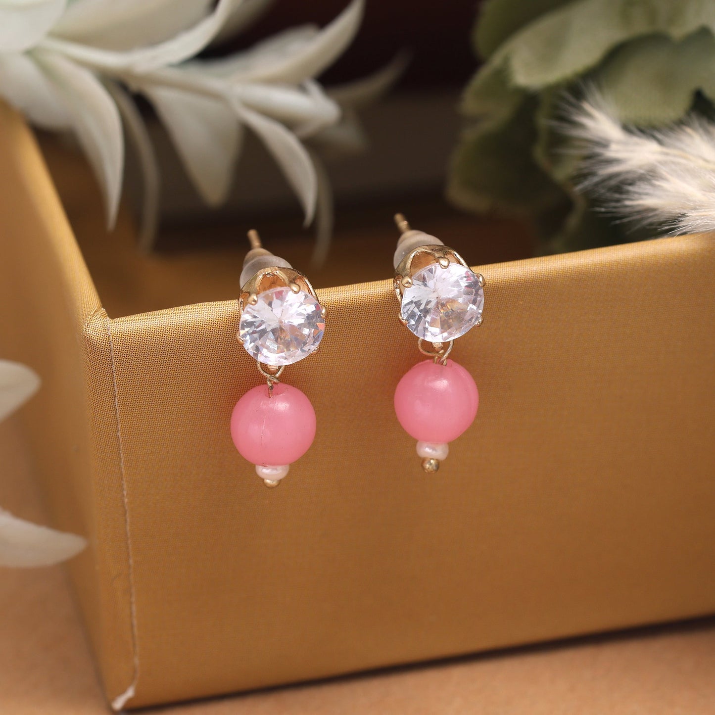 Gorgeous Pink Color Fashion Earrings With Elegant Stones For Modern And Festive Style