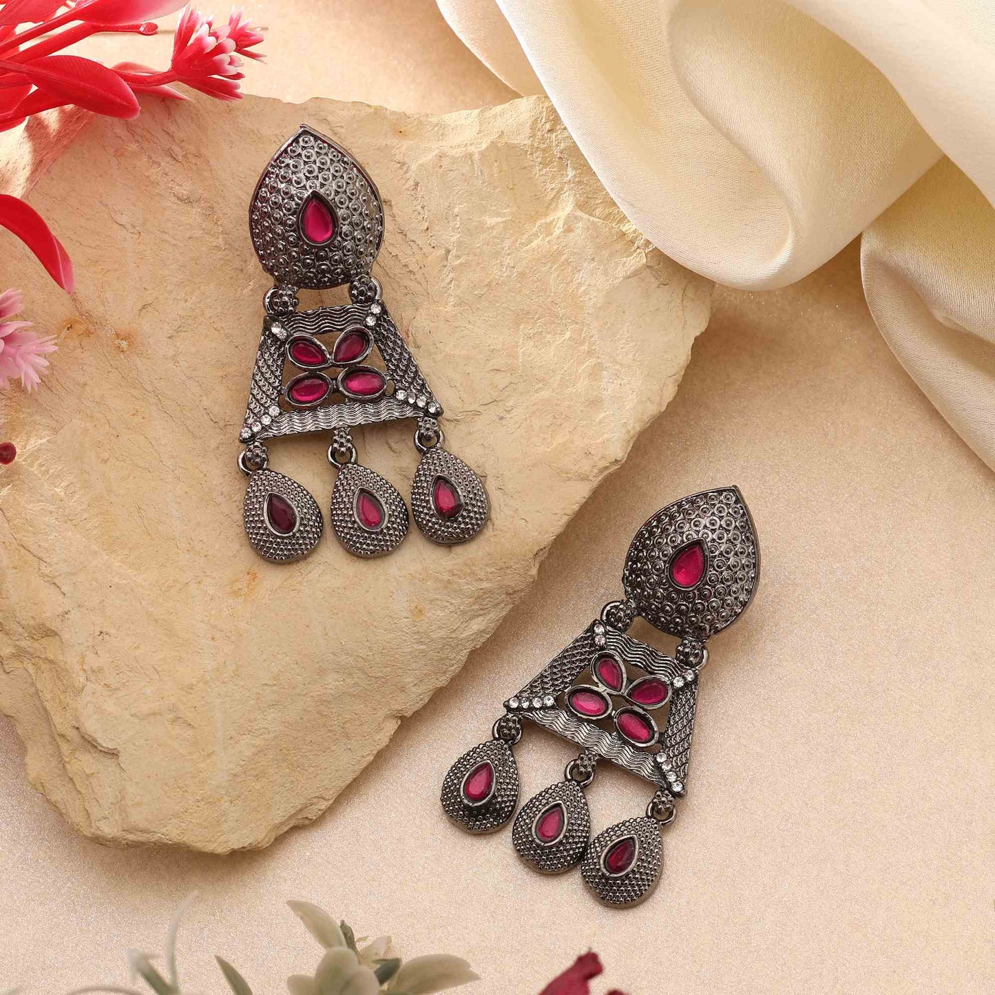 Gorgeous Rani Color Fashion Earrings With Stylish Kundan Work For Festive Look