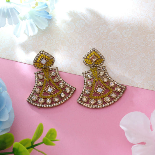 Yellow Color Fashion Earrings With Bright American Diamond Earrings Finish