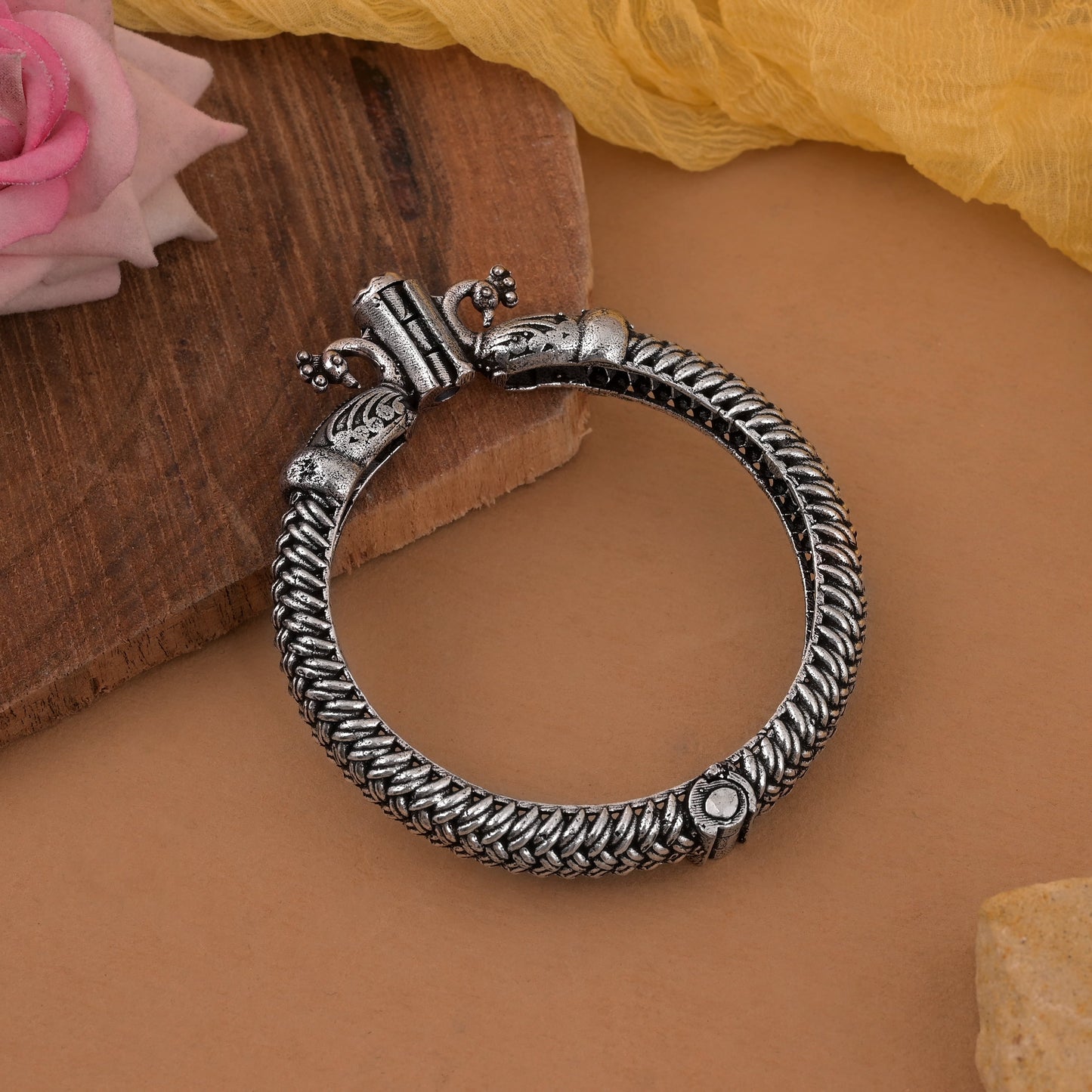 Premium Silver Color Oxidised Openable Bracelet With Adjustable Openable Design