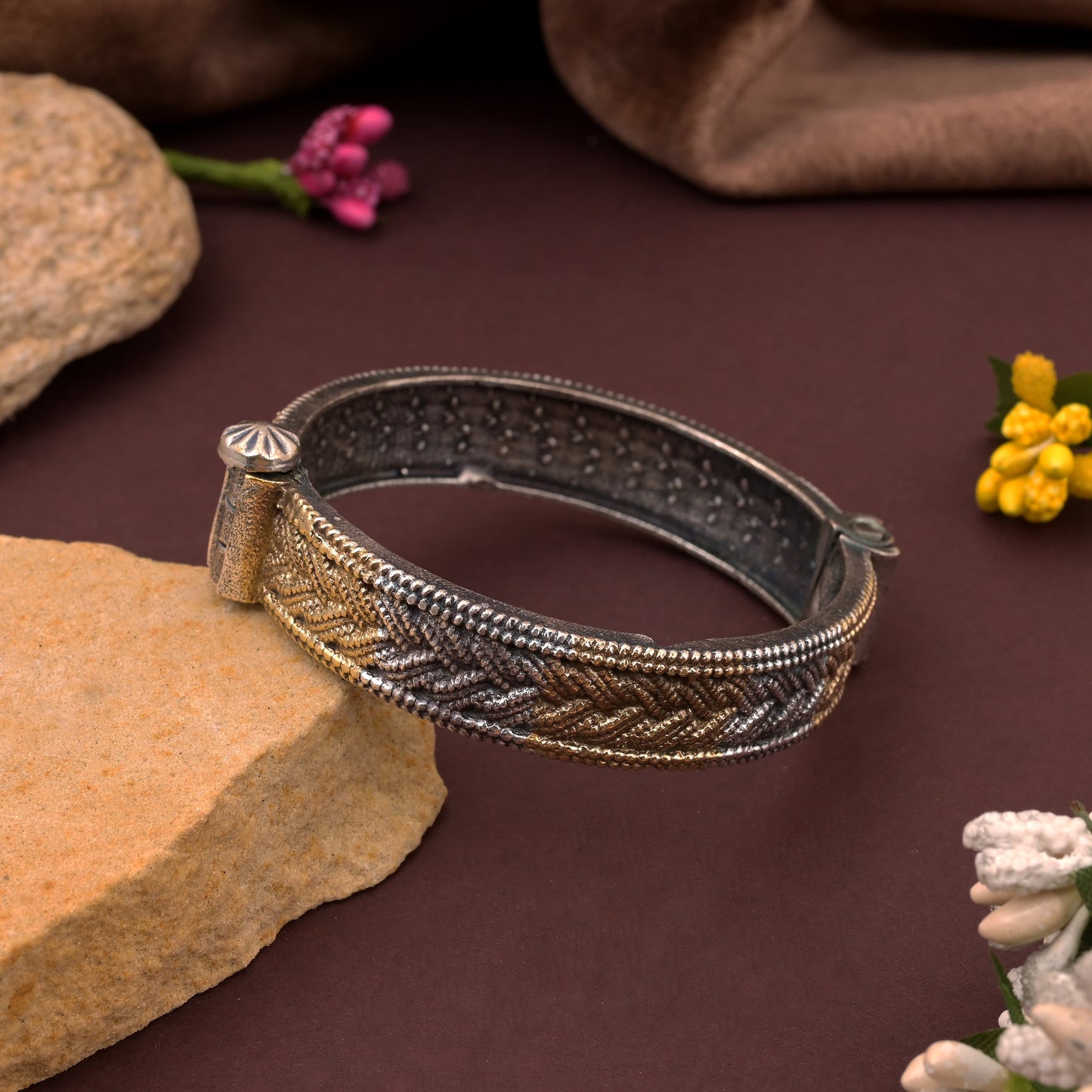 Designer Gold & Silver Color Two Tone Oxidised Openable Bracelet For Women