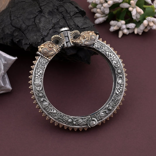 Gold & Silver Color Two Tone Oxidised Openable Bracelet With Carved Detailing
