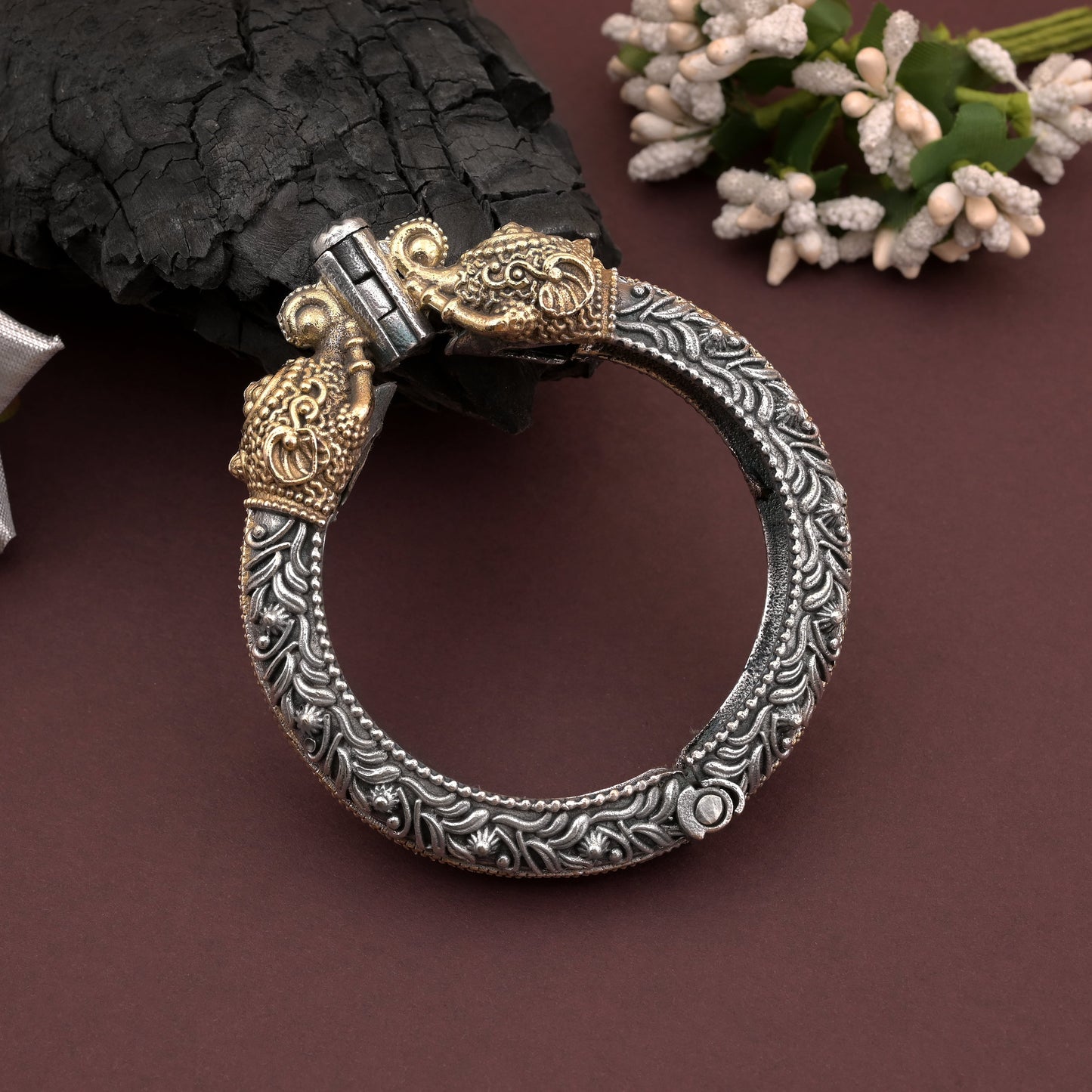 Gold & Silver Color Two Tone Oxidised Openable Bracelet For Unique Statement Style