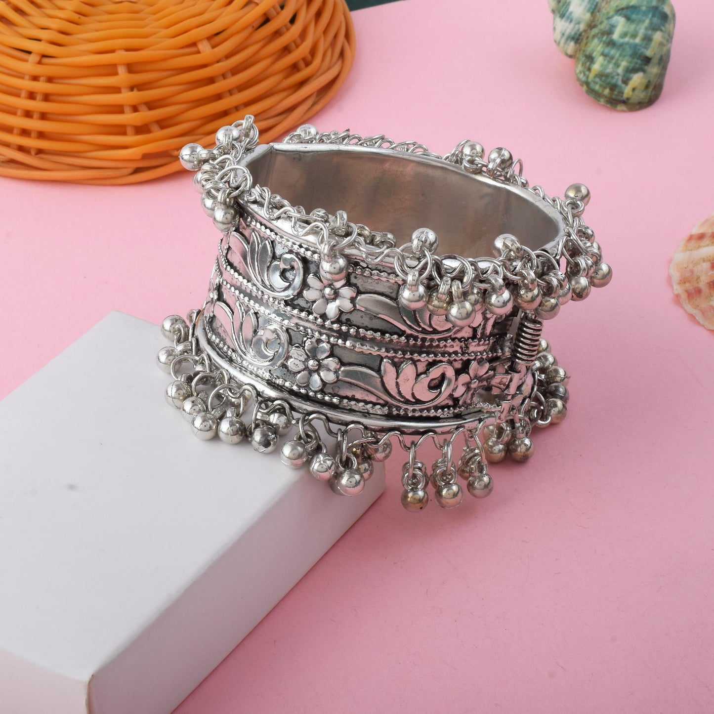 Classic Silver Color Oxidised Openable Bracelet With Antique Cuff Design