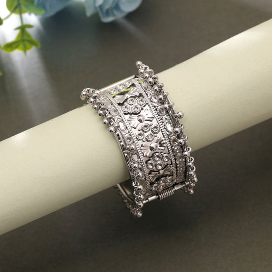 Silver Color Oxidised Openable Kada Bangle with Elegant Traditional Design for Stylish Ethnic Fashion Wear